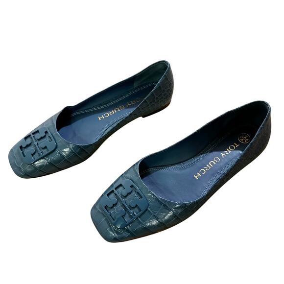 TORY BURCH Georgia Croc Reptile Embossed Blue Georgia Flats Size 7 - Picture 3 of 7